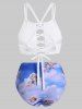 High Neck Ribbed Lattice Angel Print Ruched Bikini Swimwear -  