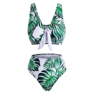 

Leaf Pineapple Polka Dot Knot High Waisted Bikini Swimwear, Green