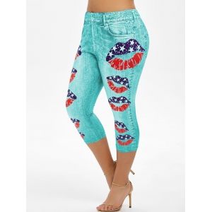 

Plus Size American Flag Lip Print Capri Jeggings, Green