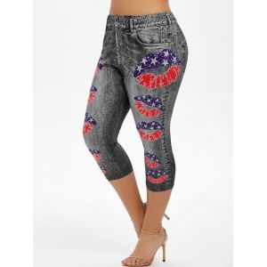 

Plus Size American Flag Lip Print Capri Jeggings, Black