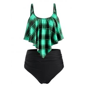 

Plus Size Plaid Flounce Tummy Control Tankini Swimwear, Light green