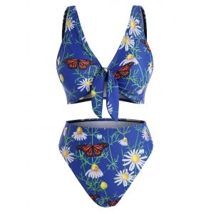 

Daisy Butterfly Floral Leaf Print Knot High Waisted Bikini Swimwear, Blue