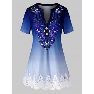 

Plus Size Paisley Ombre Guipure Lace Panel V Notch Tee, Cobalt blue