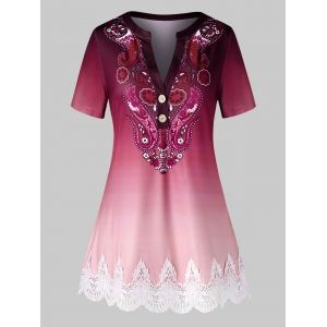 

Plus Size Paisley Ombre Guipure Lace Panel V Notch Tee, Red