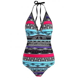 

Striped Print Crochet Panel Halter One-piece Swimsuit, Light blue