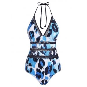 

Leopard Crochet Panel Halter Cutout One-piece Swimsuit, Blue