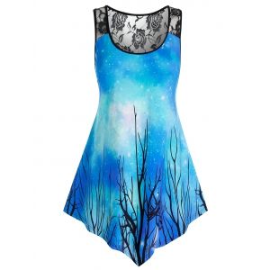

Plus Size Galaxy Branch Print Lace Panel Racerback Tank Top, Blue