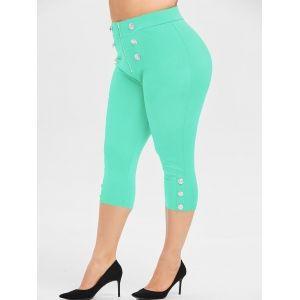 

Plus Size Mock Buttons Skinny Capri Leggings, Light aquamarine