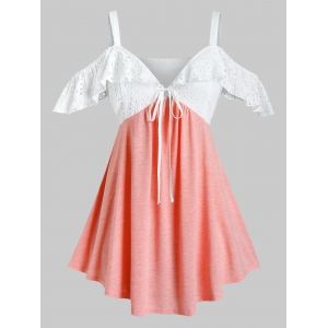 

Plus Size Cold Shoulder Embroidery Eyelet Tie Flounce Top, Multi