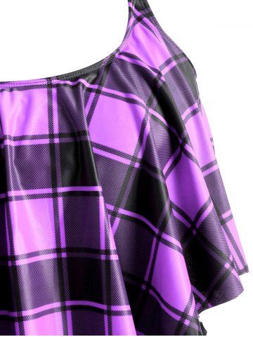 

Plus Size Plaid Flounce Tummy Control Tankini Swimwear, Purple