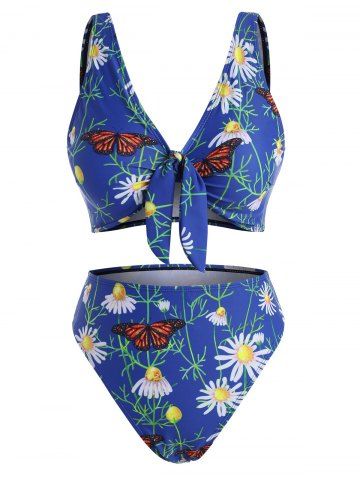 Daisy floral de la hoja de impresión de la mariposa del nudo de talle alto de baño bikini - BLUE - 2XL