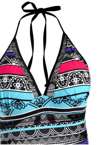 

Striped Print Crochet Panel Halter One-piece Swimsuit, Light blue