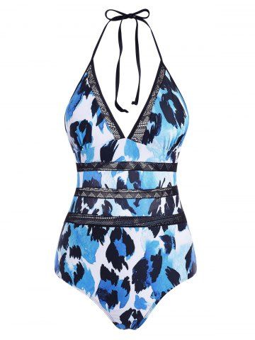 Leopard Crochet Panel Halter Cutout One-piece Swimsuit - BLUE - XL
