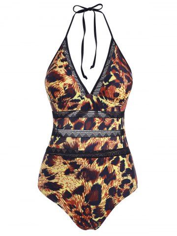 Leopard Crochet Panel Halter Cutout One-piece Swimsuit - DEEP YELLOW - S