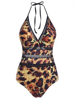 Leopard Crochet Panel Halter Cutout One-piece Swimsuit - DEEP YELLOW - 2XL