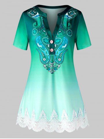 Plus Size Paisley Ombre Guipure Lace Panel V Notch Tee - DEEP GREEN - L