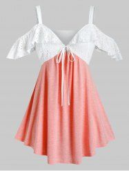 Plus Size Cold Shoulder Embroidery Eyelet Tie Flounce Top -  