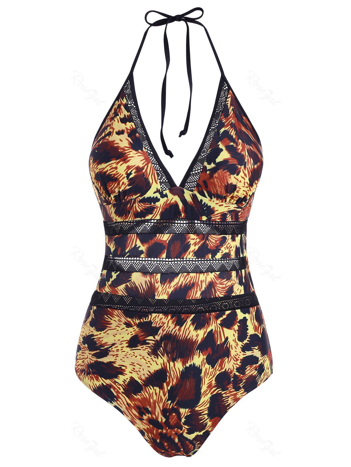 

Leopard Crochet Panel Halter Cutout One-piece Swimsuit, Deep yellow