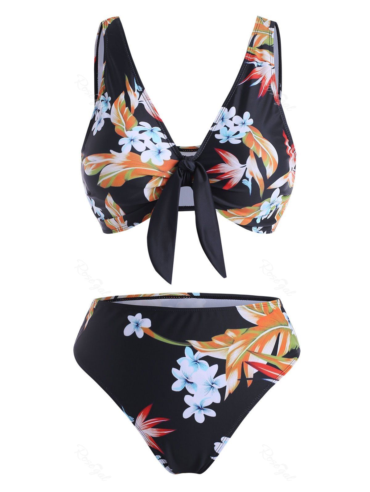 

Sunflower Floral Print Knot High Waisted Bikini Swimwear, Black