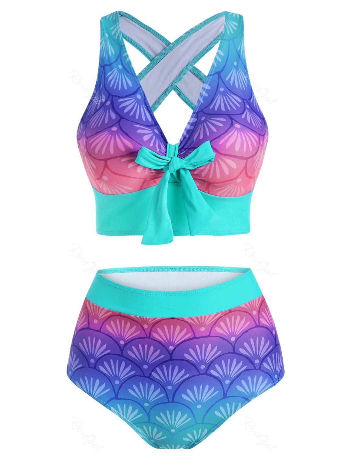 Latest Criss Cross Bowknot Mermaid Print Tankini Swimwear  