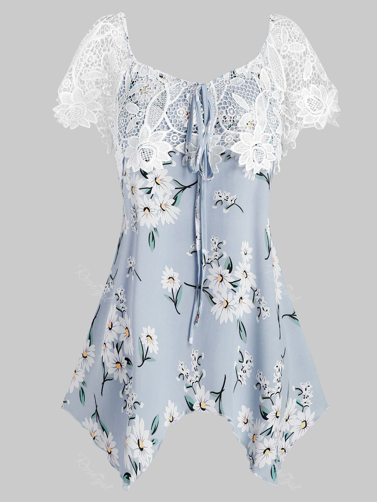 

Plus Size Lace Panel Flower Print Hanky Hem T Shirt, Pastel blue