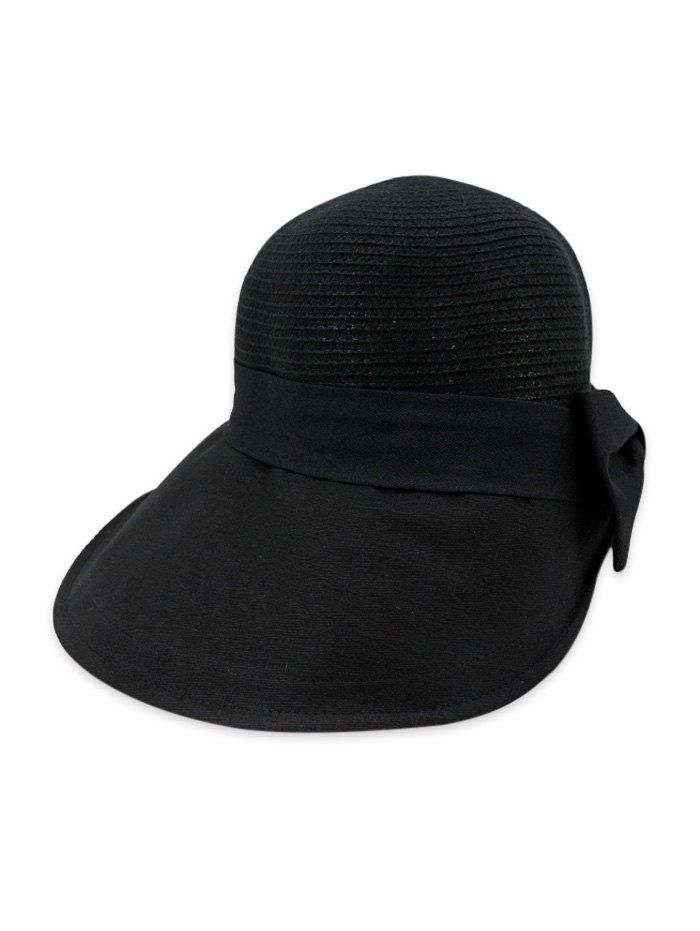 

Back Bowknot Wide Brim Basin Straw Hat, Black