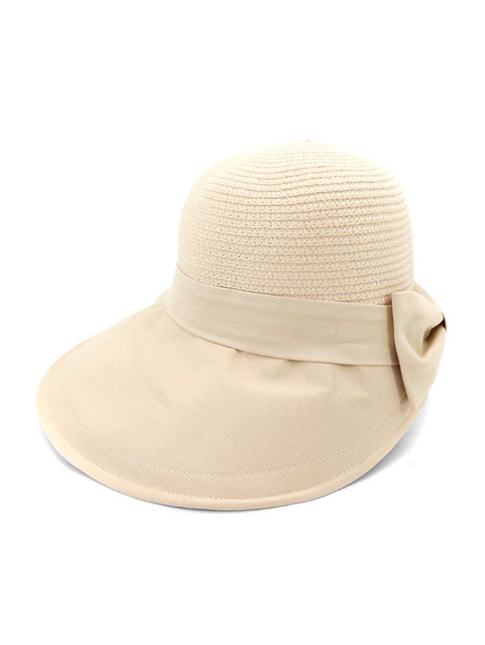 

Back Bowknot Wide Brim Basin Straw Hat, Beige