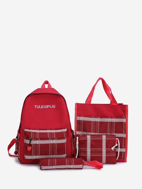 

4Pcs Retro Plaid Pattern Student Backpack Set, Red