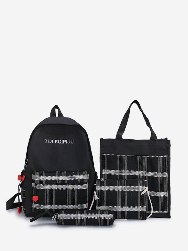 

4Pcs Retro Plaid Pattern Student Backpack Set, Black
