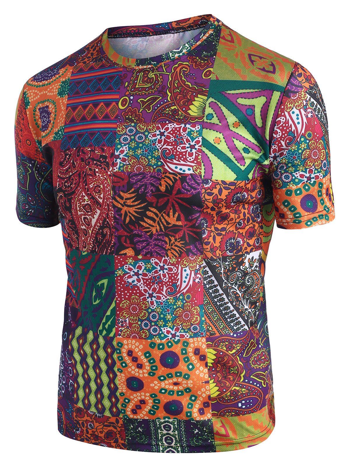 

Ethnic Pattern Block Crew Neck Short Sleeve T Shirt, Sunrise orange
