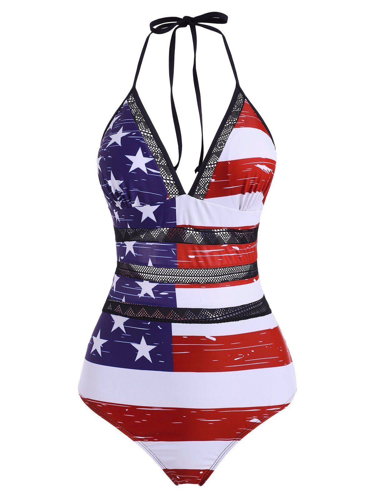 

American Flag Crochet Panel Halter One-piece Swimsuit, Red