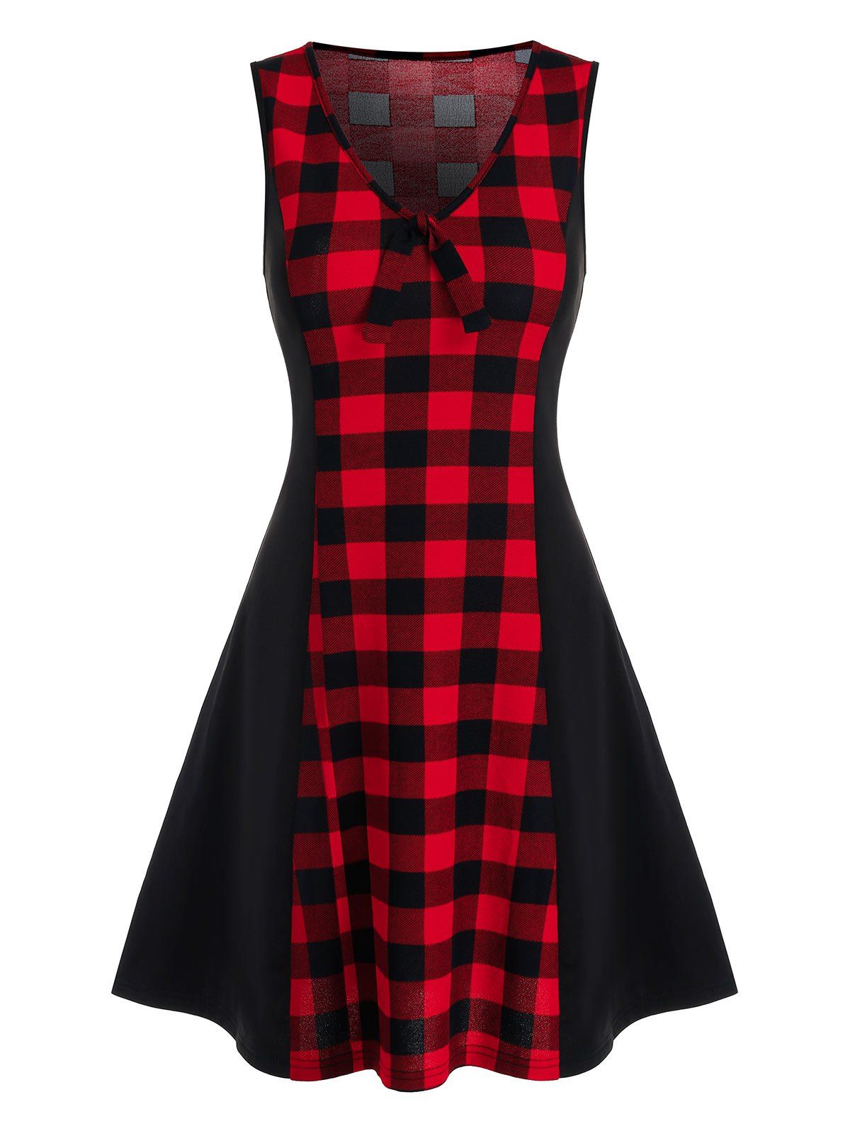 

Tartan Panel Tie Front Sleeveless A Line Dress, Black