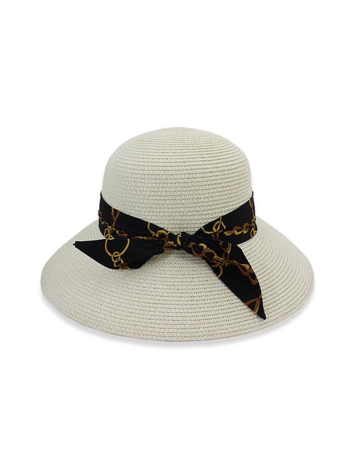 

Chain Print Bowknot Wide Brim Straw Hat, White