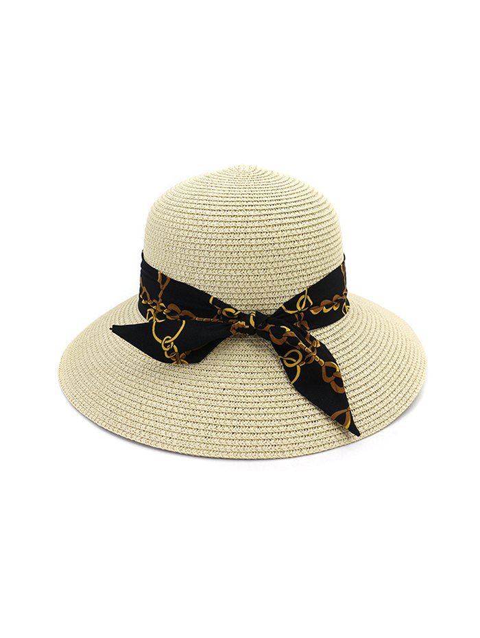 

Chain Print Bowknot Wide Brim Straw Hat, Beige