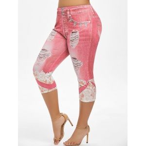 

Plus Size Flower Ripped 3D Print Capri Jeggings, Red