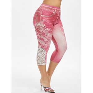 

Plus Size Dragon 3D Print Lace Panel Capri Jeggings, Light pink