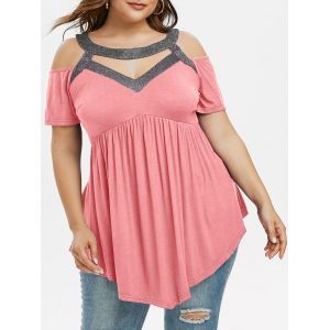 

Sparkly Cut Out Cold Shoulder Plus Size Top, Light pink