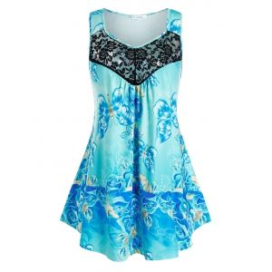 

Plus Size Butterfly Print Lace Insert Tank Top, Light blue
