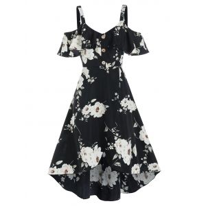 

Floral Print Mock Button Cold Shoulder High Low Dress, Black