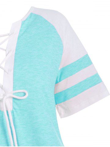 

Colorblock Stripes Panel Lace Up Plus Size Top, Light aquamarine