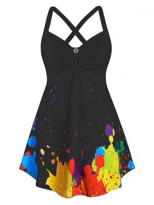 Plus Size Splatter Paint Crisscross Ruched Tunic Tank Top