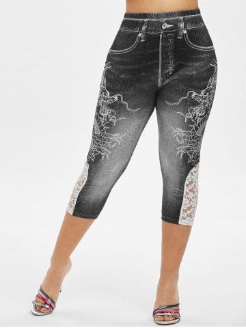 

Plus Size Dragon 3D Print Lace Panel Capri Jeggings, Black