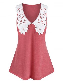 Plus Size Plunge Lace Guipure Tank Top - CHERRY RED - 4X