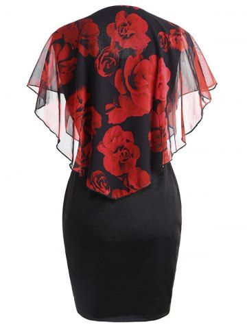 Overlay Chiffon Panel Floral Plus Size Bodycon Dress, Red