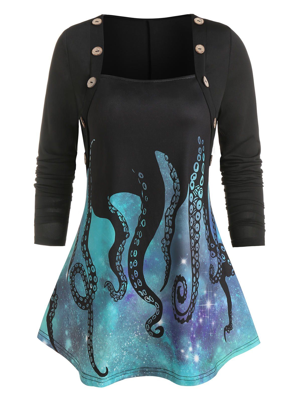 

Buttons Octopus Leg Print Square Neck Top, Black