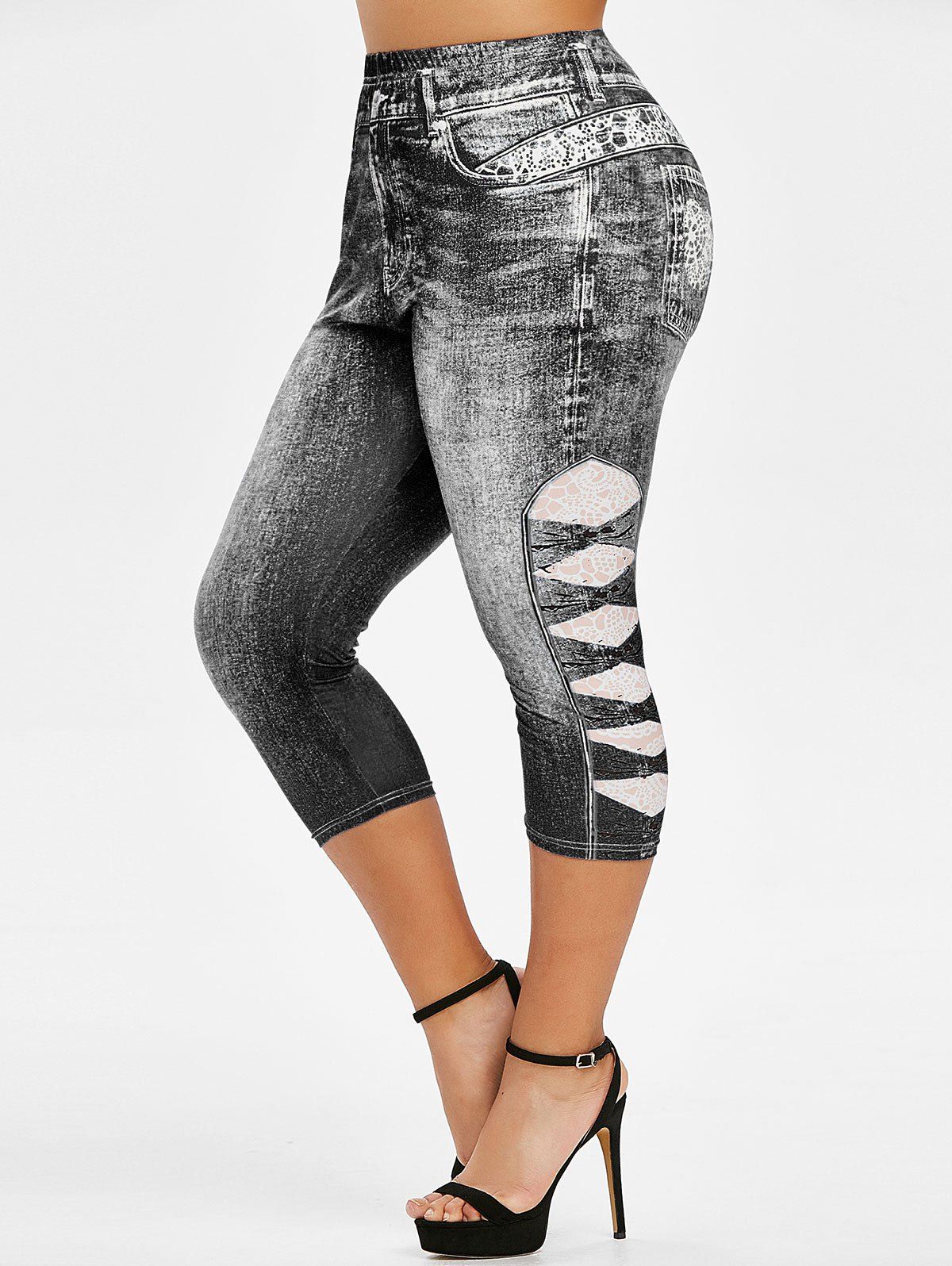 

Plus Size High Rise 3D Print Capri Jeggings, Black