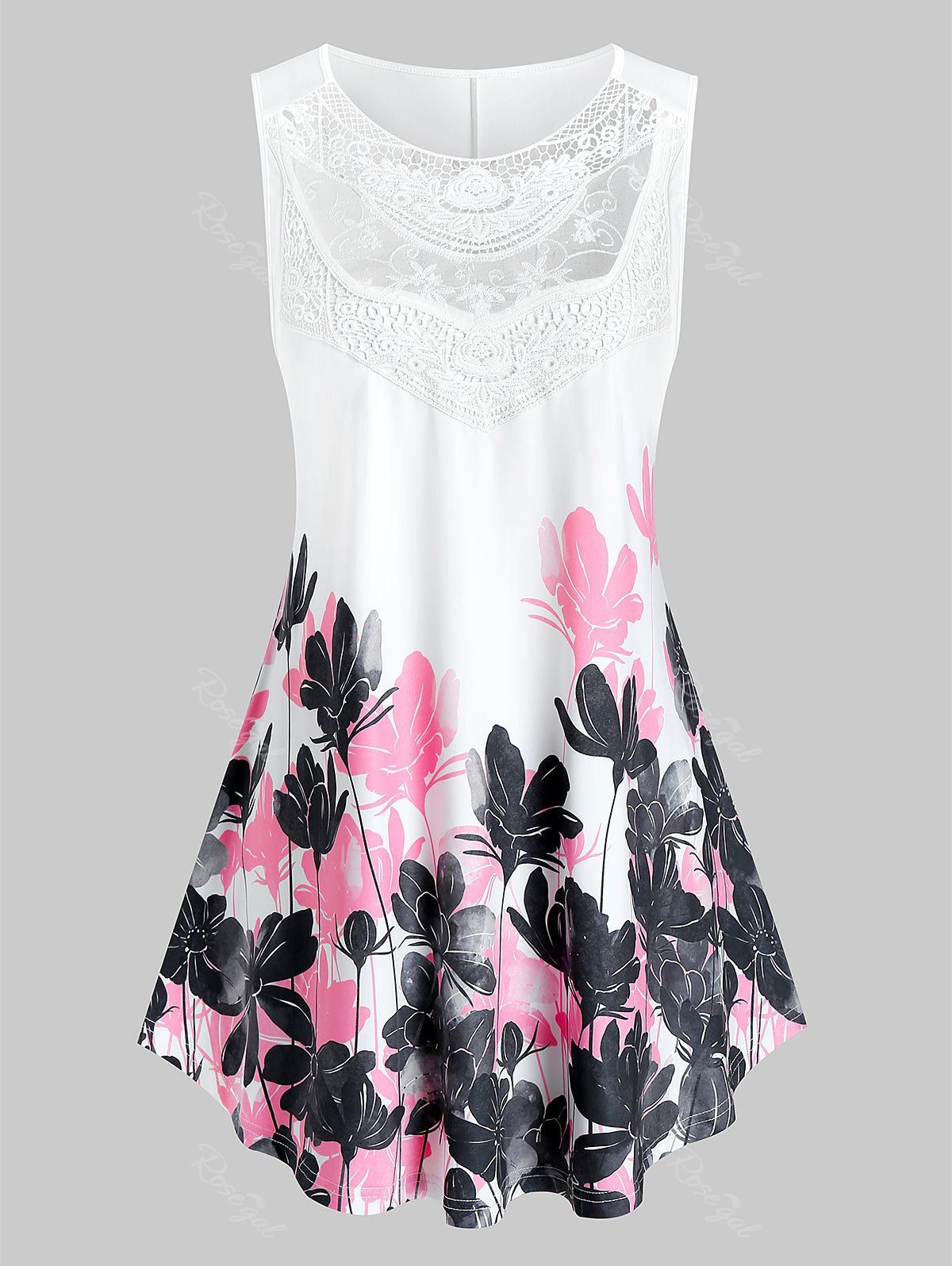 Plus Size Lace Insert Floral Print Tank Top, White