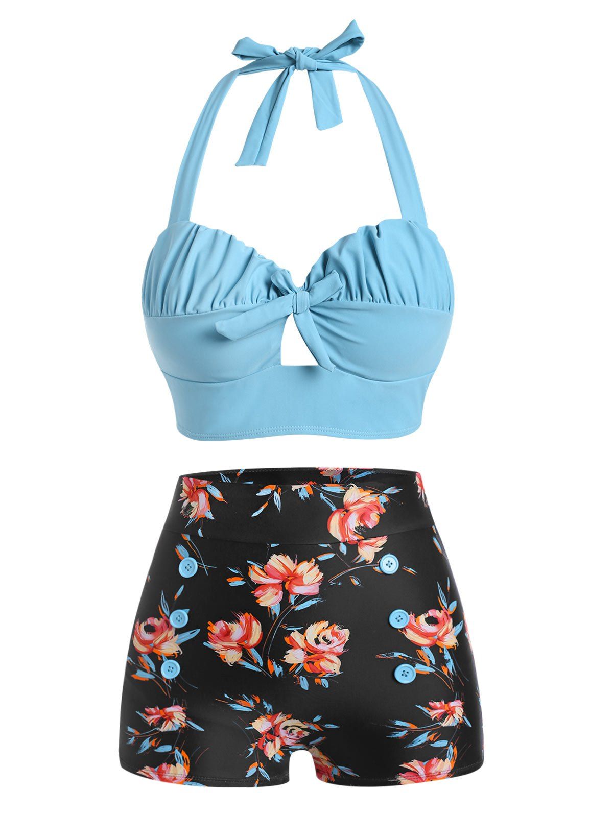 

Halter Floral Ruched Bikini Swimwear, Light sky blue