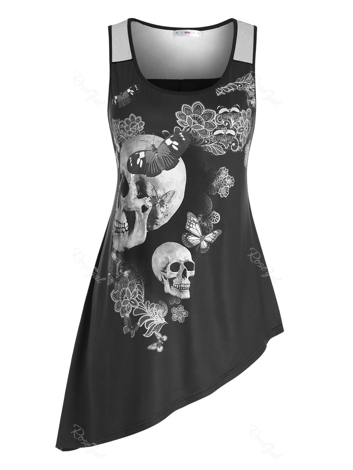

Plus Size Asymmetric Skull Floral Print Tank Top, Black