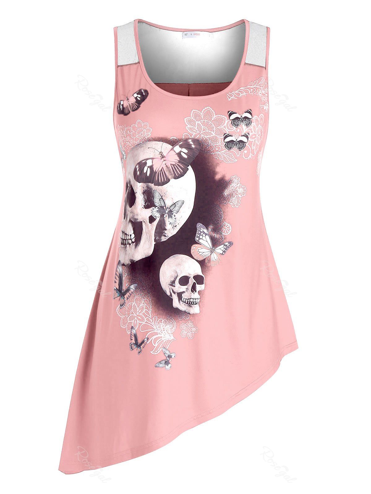 

Plus Size Asymmetric Skull Floral Print Tank Top, Light pink